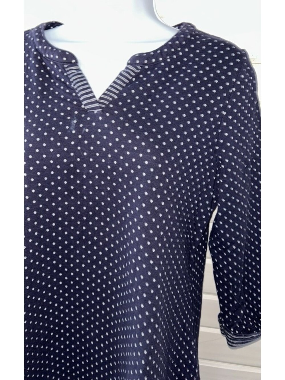 Talbots Sz PETITES MEDIUM PM Blue Polka Dot Knit Tunic Casual Striped Trim EUC
